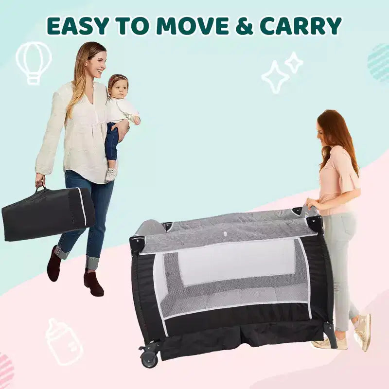 Berceau 4 en 1 et parc portable – Lit de chevet convertible, table à langer, panier de rangement et sac de voyage