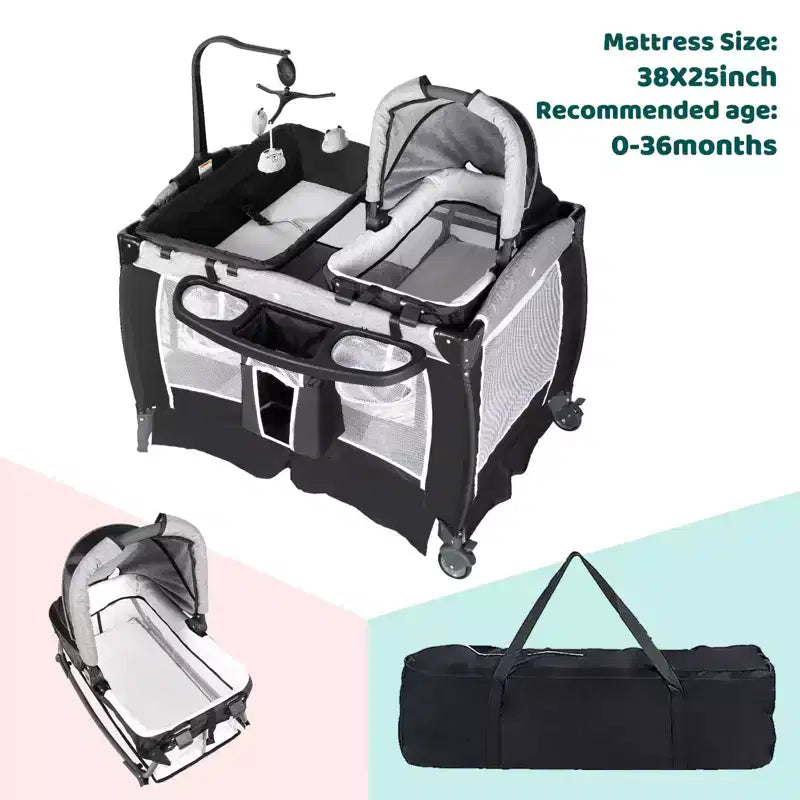 Berceau 4 en 1 et parc portable – Lit de chevet convertible, table à langer, panier de rangement et sac de voyage