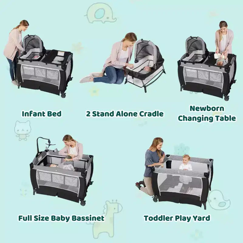 Berceau 4 en 1 et parc portable – Lit de chevet convertible, table à langer, panier de rangement et sac de voyage