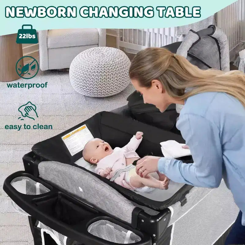 Berceau 4 en 1 et parc portable – Lit de chevet convertible, table à langer, panier de rangement et sac de voyage