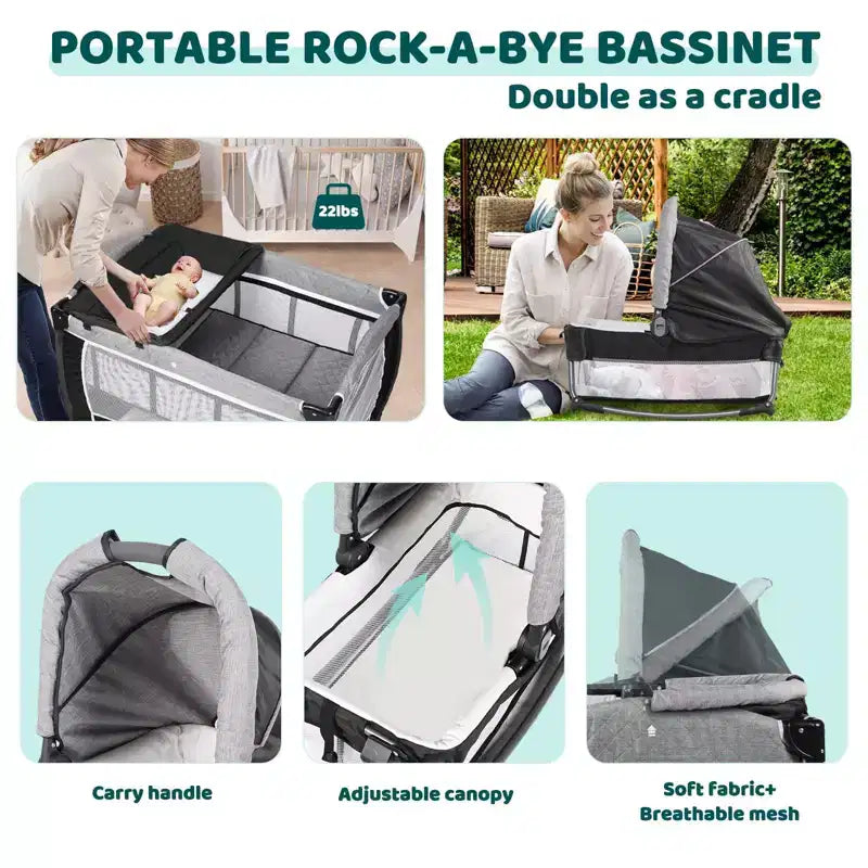 Berceau 4 en 1 et parc portable – Lit de chevet convertible, table à langer, panier de rangement et sac de voyage