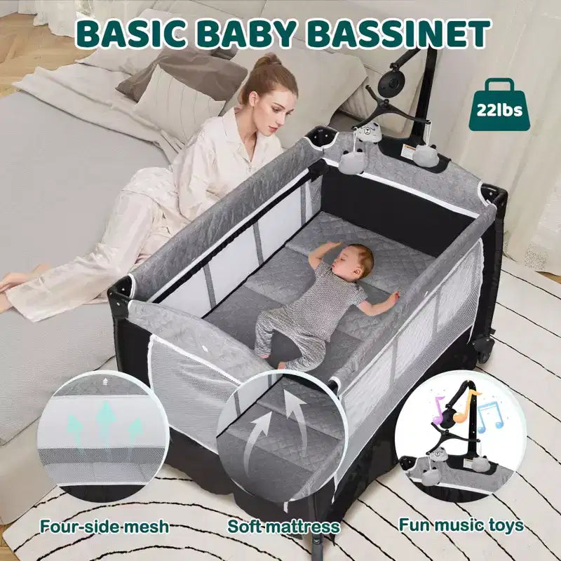 Berceau 4 en 1 et parc portable – Lit de chevet convertible, table à langer, panier de rangement et sac de voyage