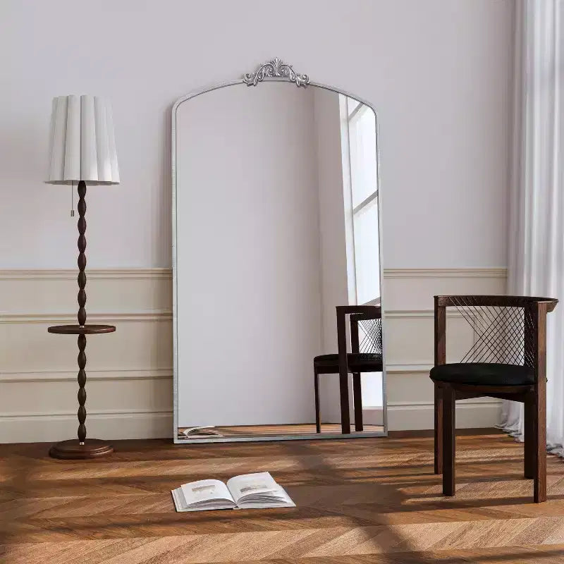 TUYOHW Modern Vintage Full Length Mirror for Bedroom,Dressing Room,Oversized Standing Full Wall Mirror with Ornate Arch,Silver
