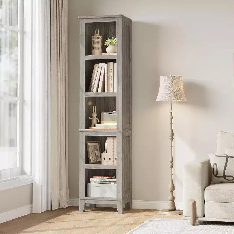 Étagère d'angle étroite à 5 niveaux avec pieds en bois - Style champêtre, rangement peu encombrant pour salon et chambre
