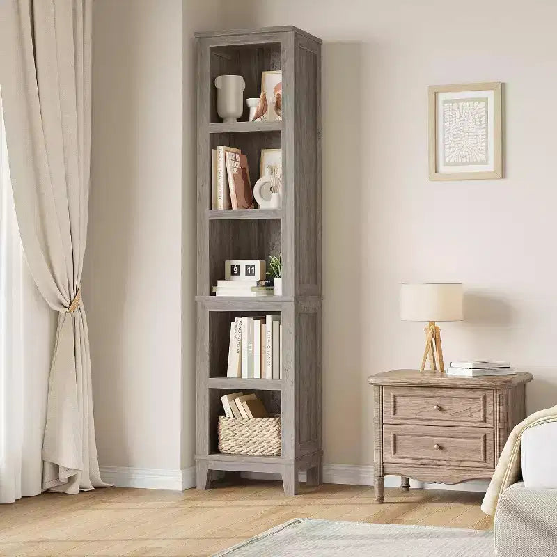 Étagère d'angle étroite à 5 niveaux avec pieds en bois - Style champêtre, rangement peu encombrant pour salon et chambre