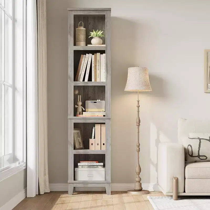Étagère d'angle étroite à 5 niveaux avec pieds en bois - Style champêtre, rangement peu encombrant pour salon et chambre