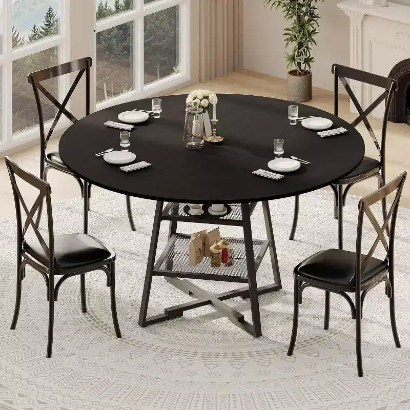 Round Dining Table for 4, 47 Inch Kitchen Table with Storage Shelf, High Top Farmhouse Design Wood & Metal, Family Dining Table for 4-6 People