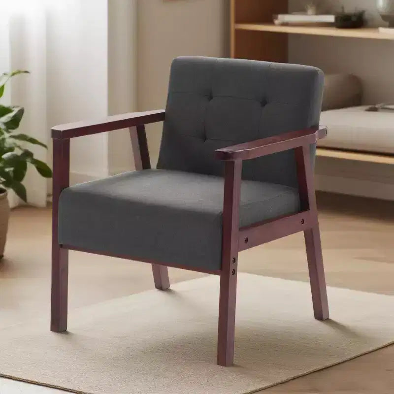 Fauteuil élégant Okak avec cadre en bois, fauteuil de lecture avec assise rembourrée et accoudoirs, fauteuil confortable pour salon, chambre à coucher