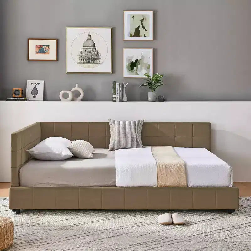 MAYEERTY Full Size Upholstered Tufted Bed Frame with Backrest and Armrest for Bedroom Brown
