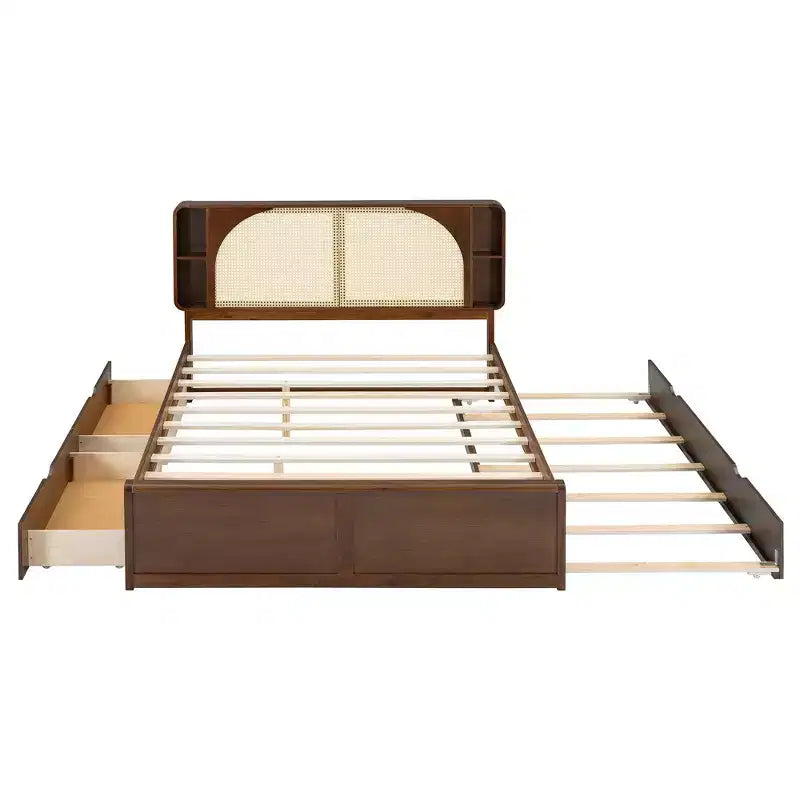 Lit plateforme Luxystar avec tête de lit en rotin, taille Queen, avec 4 compartiments de rangement, 2 tiroirs et un lit gigogne, Noyer