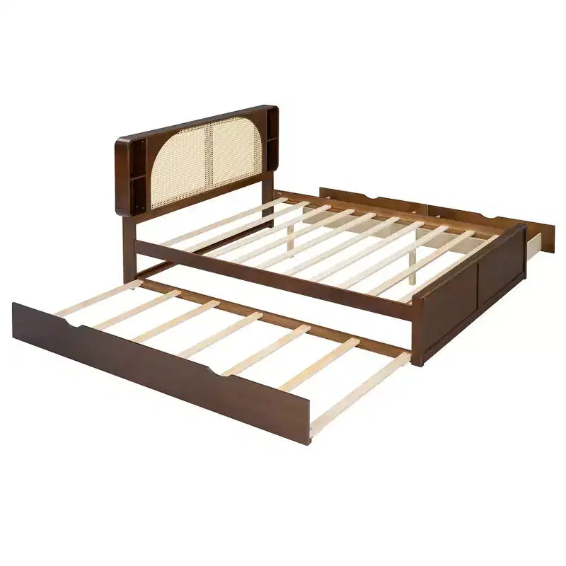 Lit plateforme Luxystar avec tête de lit en rotin, taille Queen, avec 4 compartiments de rangement, 2 tiroirs et un lit gigogne, Noyer
