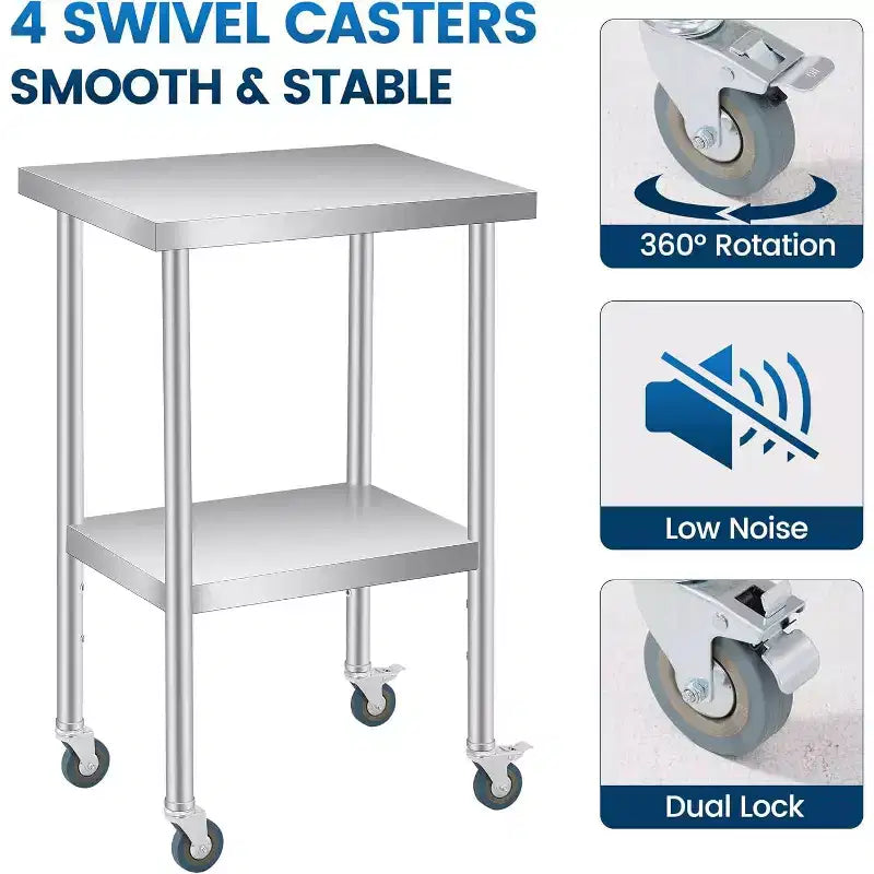 Acekool 12x24x35 pouces Table de préparation double couche en acier inoxydable 201, établi utilitaire NSF avec étagère inférieure réglable pour cuisine, restaurant, laboratoire