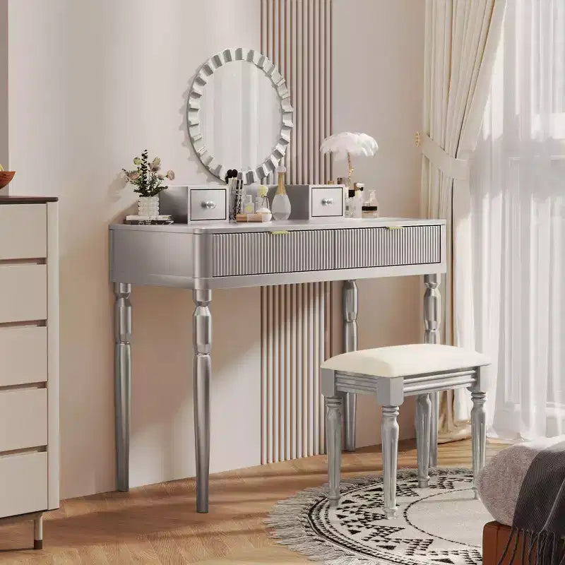 Coiffeuse élégante Okak avec miroir rond, coiffeuse réglable en hauteur avec tabouret rembourré, table de maquillage pour salon, argenté