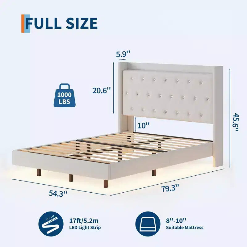 Lit plateforme flottant double/grand lit avec tête de lit capitonnée et étagère de rangement, cadre de lit moderne rembourré, pas besoin de sommier tapissier, montage facile