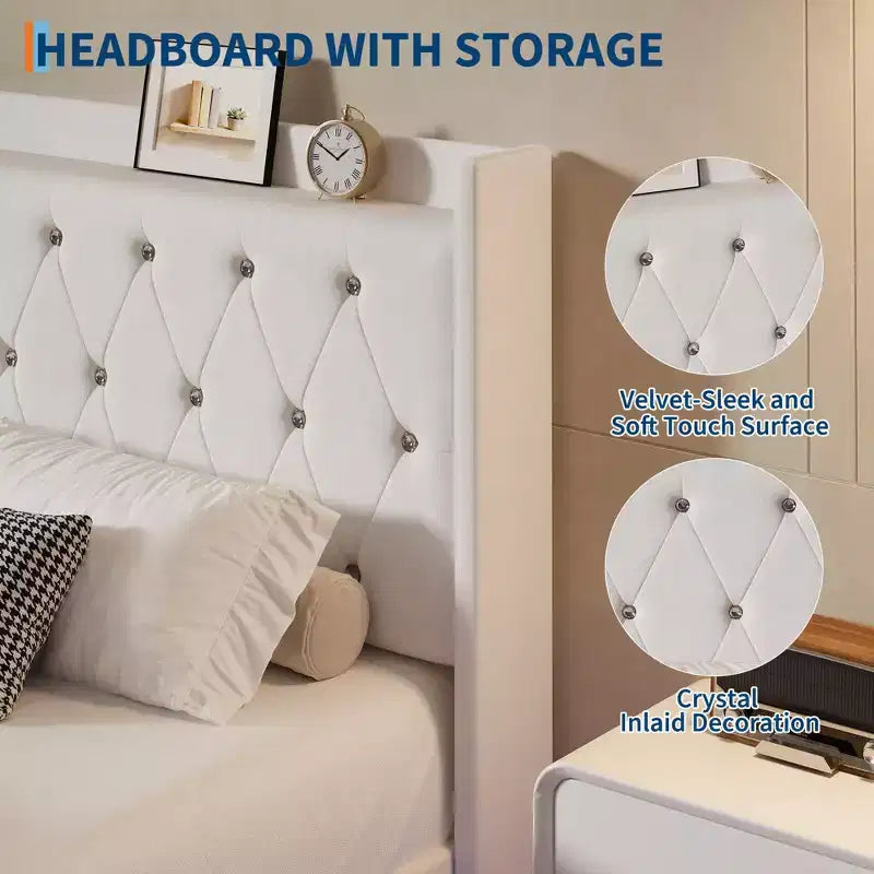 Lit plateforme flottant double/grand lit avec tête de lit capitonnée et étagère de rangement, cadre de lit moderne rembourré, pas besoin de sommier tapissier, montage facile