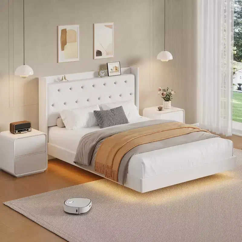 Lit plateforme flottant double/grand lit avec tête de lit capitonnée et étagère de rangement, cadre de lit moderne rembourré, pas besoin de sommier tapissier, montage facile