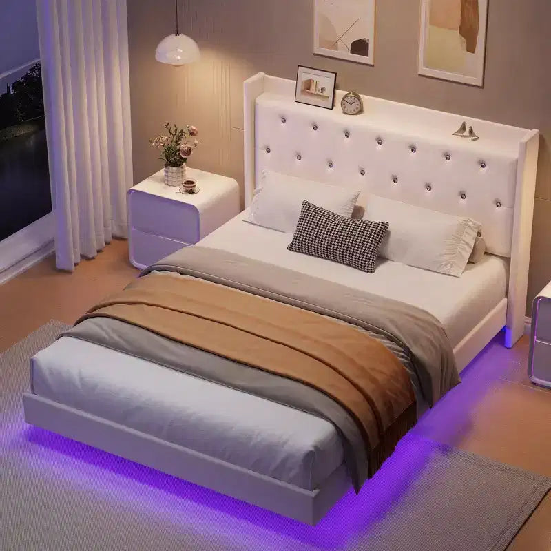Lit plateforme flottant double/grand lit avec tête de lit capitonnée et étagère de rangement, cadre de lit moderne rembourré, pas besoin de sommier tapissier, montage facile
