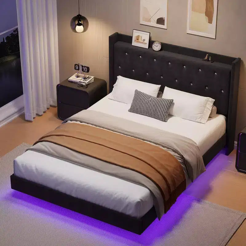 Lit plateforme flottant double/grand lit avec tête de lit capitonnée et étagère de rangement, cadre de lit moderne rembourré, pas besoin de sommier tapissier, montage facile