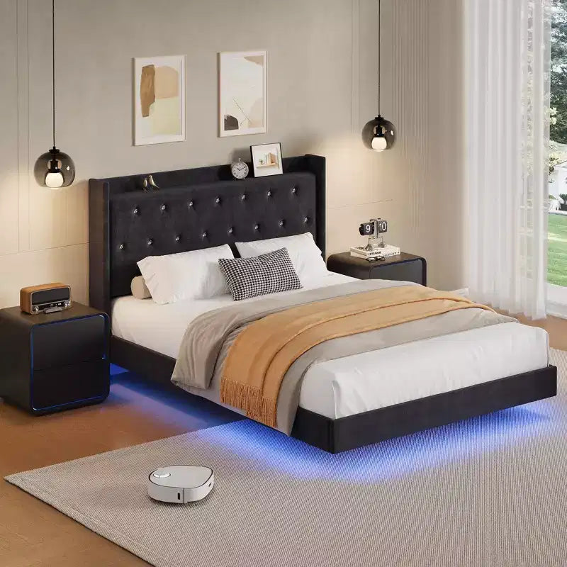 Full/Queen Floating Platform Bed with Wingback Headboard and Storage Shelf, Upholstered Modern Bed Frame, No Box Spring Needed, Easy Assembly
