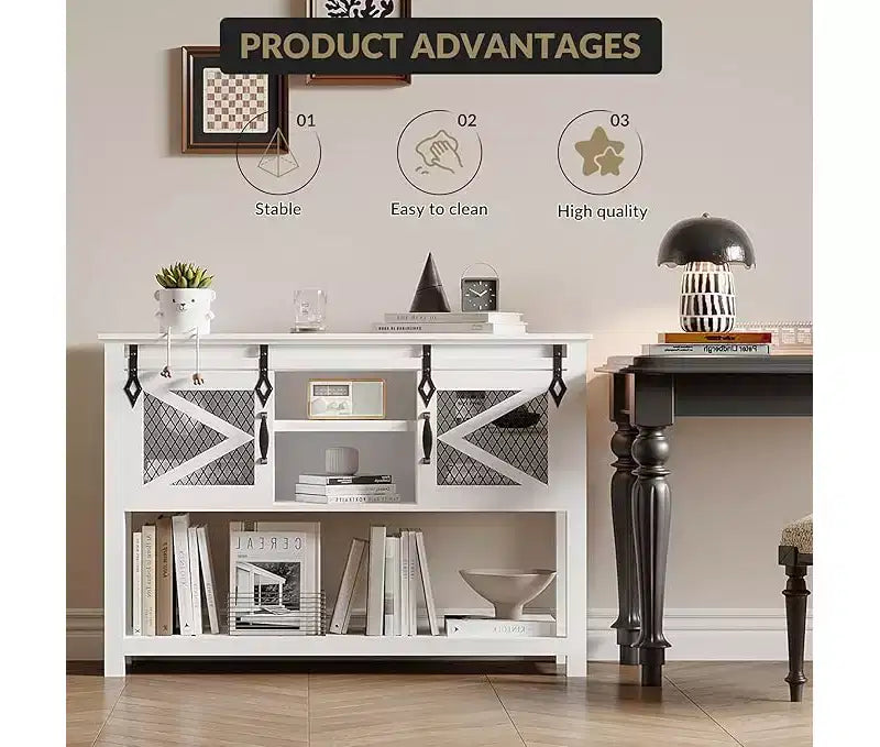 Console d'entrée de ferme blanche 46 po avec portes coulissantes | Console rustique en bois blanc avec étagères de rangement | Table de canapé étroite