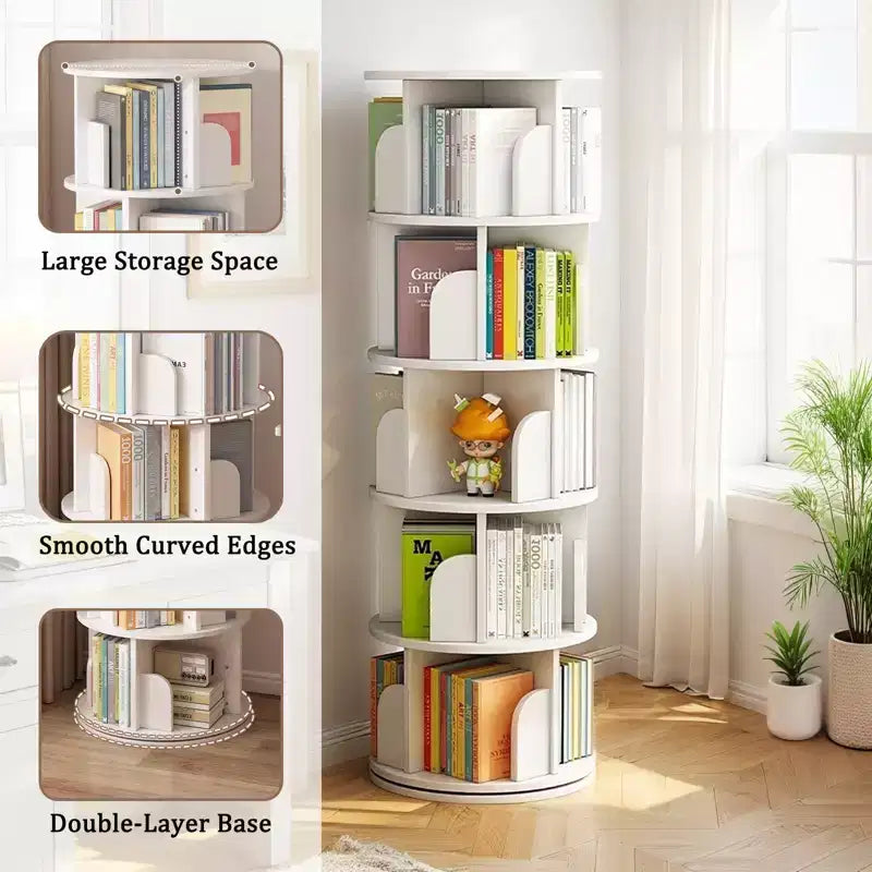 Étagère à livres rotative à 5 niveaux, pivotante à 360°, base à double couche, tour peu encombrante pour chambre, salon, bureau