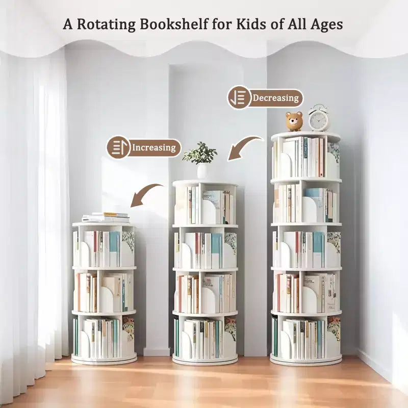 Étagère à livres rotative à 5 niveaux, pivotante à 360°, base à double couche, tour peu encombrante pour chambre, salon, bureau