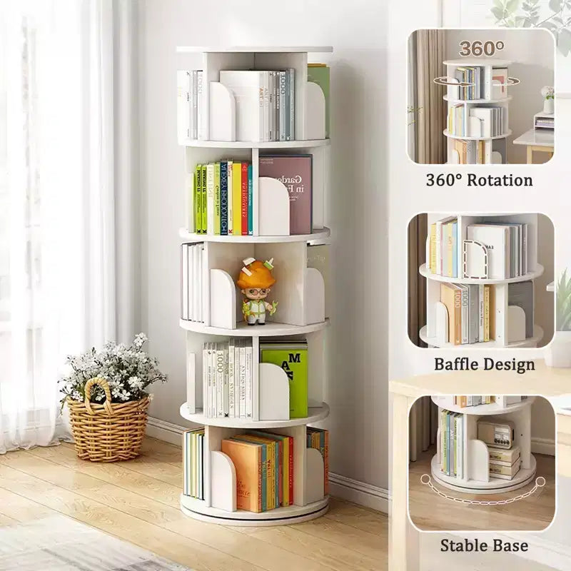 Étagère à livres rotative à 5 niveaux, pivotante à 360°, base à double couche, tour peu encombrante pour chambre, salon, bureau