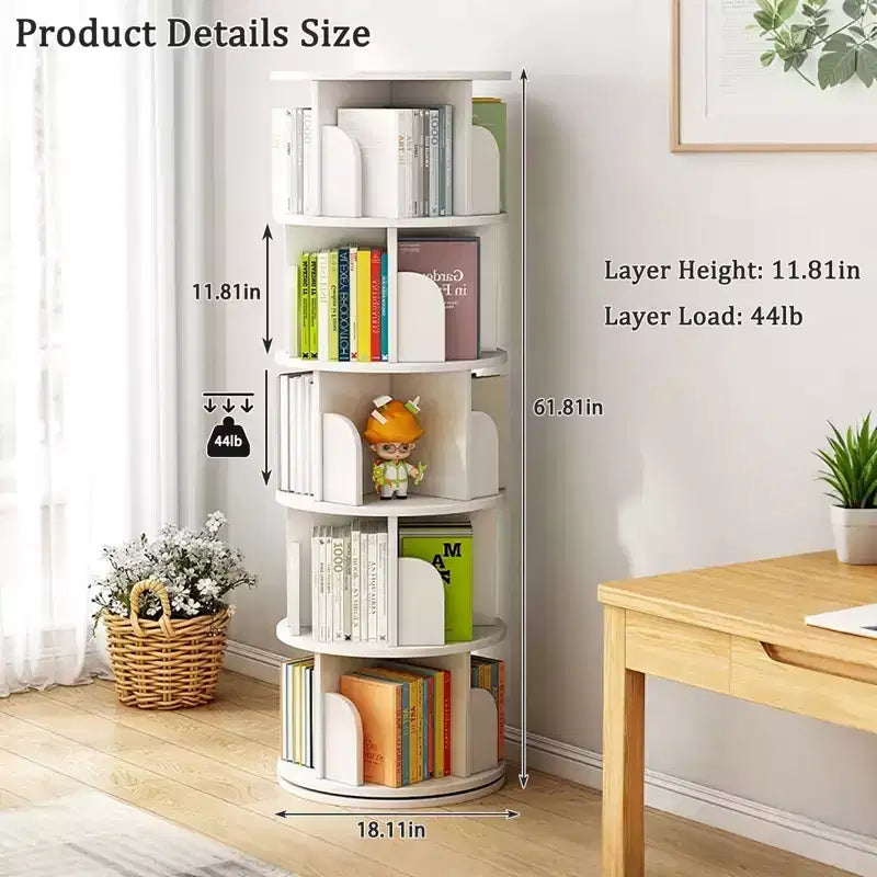 Étagère à livres rotative à 5 niveaux, pivotante à 360°, base à double couche, tour peu encombrante pour chambre, salon, bureau