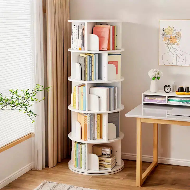 Étagère à livres rotative à 5 niveaux, pivotante à 360°, base à double couche, tour peu encombrante pour chambre, salon, bureau