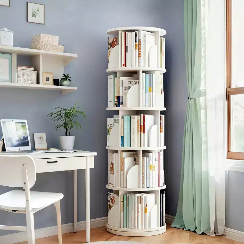 Étagère à livres rotative à 5 niveaux, pivotante à 360°, base à double couche, tour peu encombrante pour chambre, salon, bureau