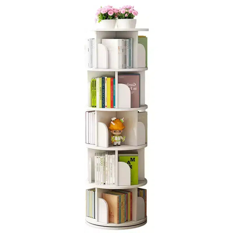 Étagère à livres rotative à 5 niveaux, pivotante à 360°, base à double couche, tour peu encombrante pour chambre, salon, bureau