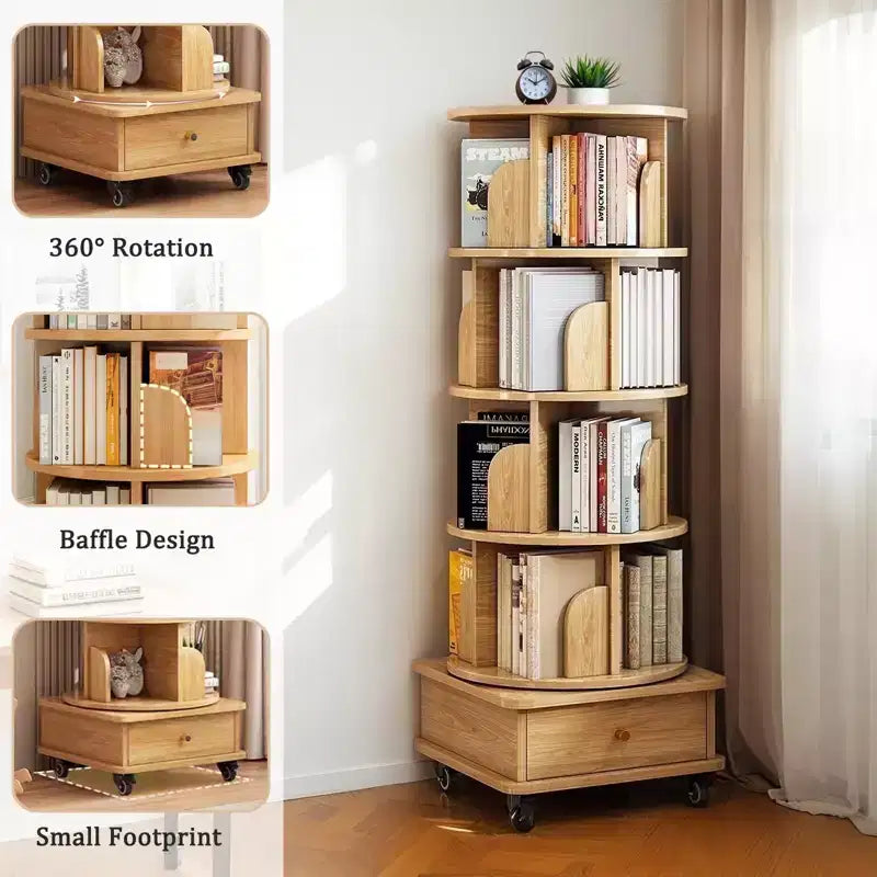 Étagère à livres rotative à 5 niveaux, pivotante à 360°, base à double couche, tour peu encombrante pour chambre, salon, bureau