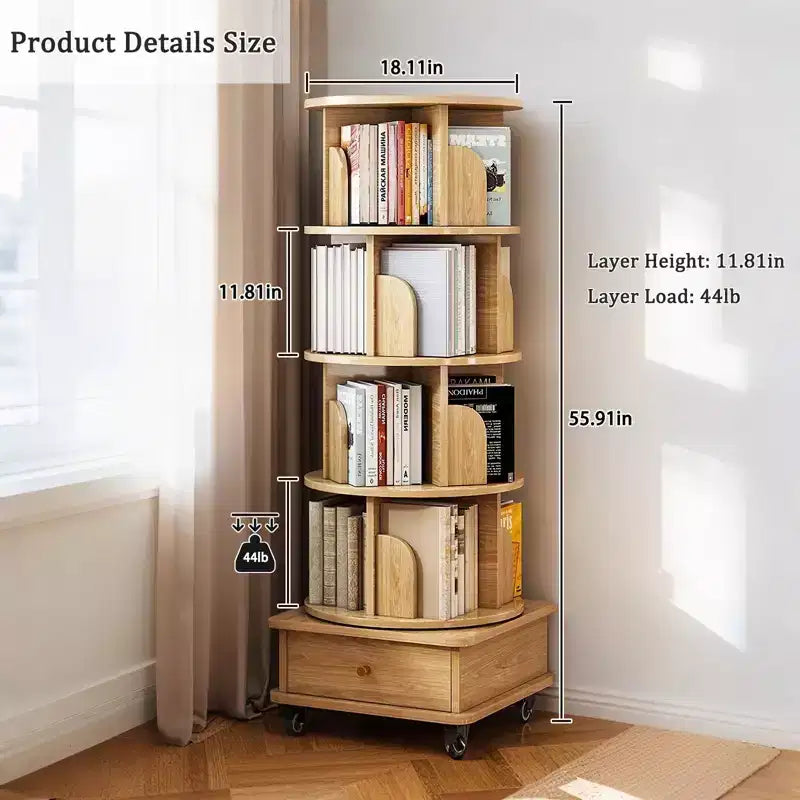Étagère à livres rotative à 5 niveaux, pivotante à 360°, base à double couche, tour peu encombrante pour chambre, salon, bureau