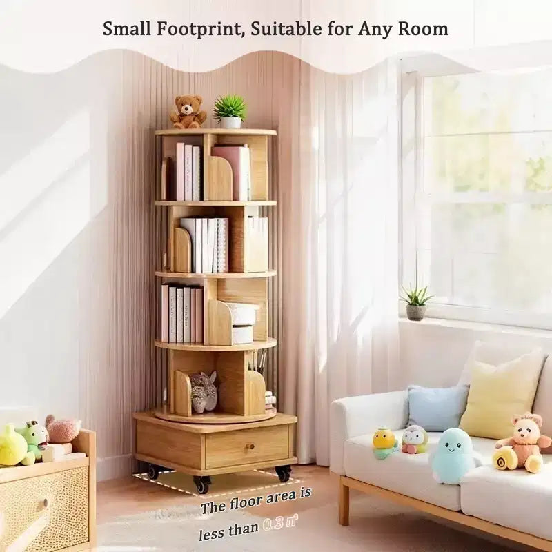 Étagère à livres rotative à 5 niveaux, pivotante à 360°, base à double couche, tour peu encombrante pour chambre, salon, bureau