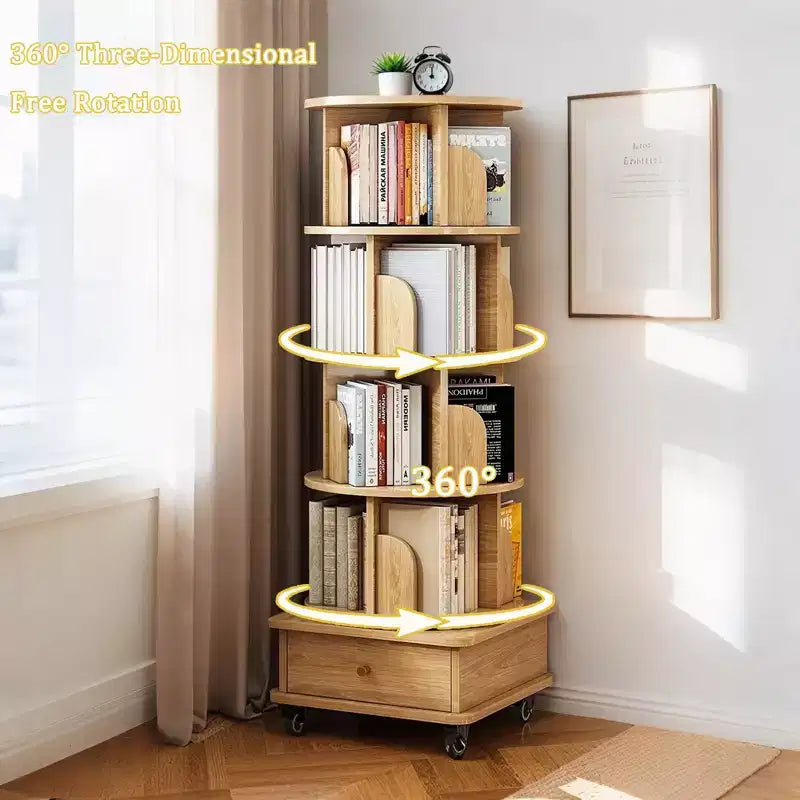 Étagère à livres rotative à 5 niveaux, pivotante à 360°, base à double couche, tour peu encombrante pour chambre, salon, bureau