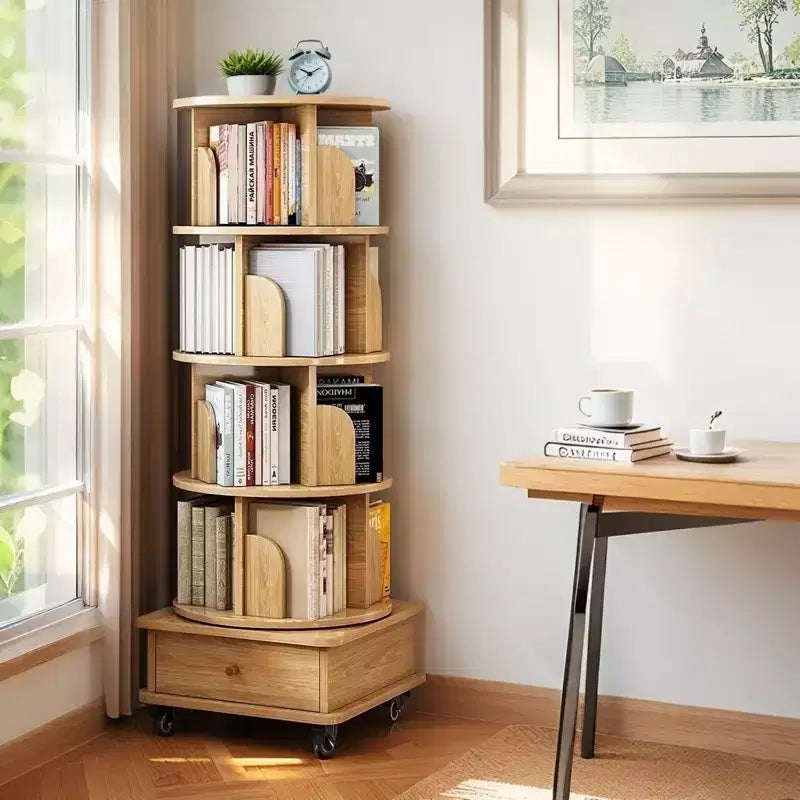 Étagère à livres rotative à 5 niveaux, pivotante à 360°, base à double couche, tour peu encombrante pour chambre, salon, bureau