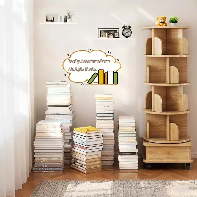 Étagère à livres rotative à 5 niveaux, pivotante à 360°, base à double couche, tour peu encombrante pour chambre, salon, bureau