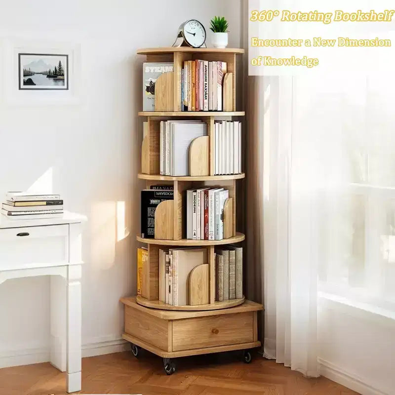 Étagère à livres rotative à 5 niveaux, pivotante à 360°, base à double couche, tour peu encombrante pour chambre, salon, bureau