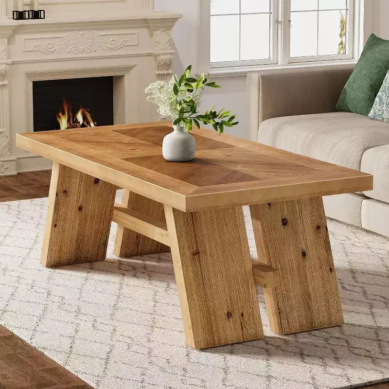 Lantine Solid Wood Coffee Table, 47-Inch Farmhouse Rectangle Center Table with Geometric Wood Grain Pattern, Brown