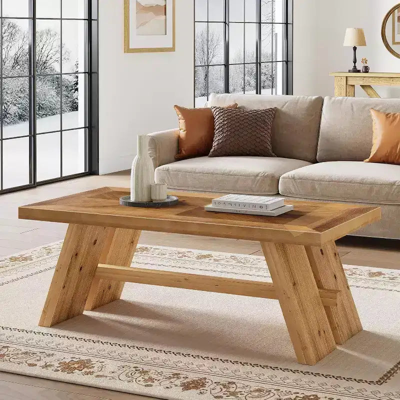 Table basse Lantine en bois massif, table basse rectangulaire de ferme de 119 cm avec motif de grain de bois géométrique, marron