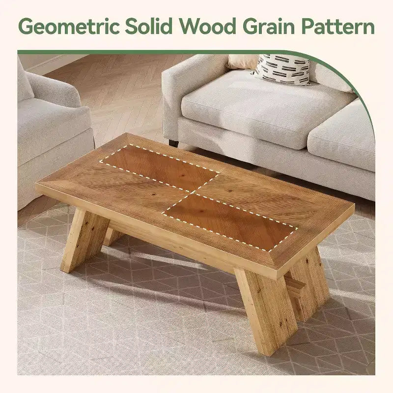 Table basse Lantine en bois massif, table basse rectangulaire de ferme de 119 cm avec motif de grain de bois géométrique, marron
