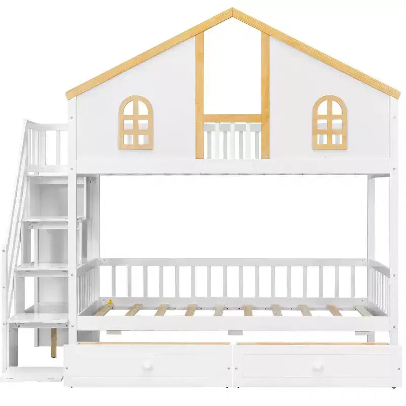 Lit superposé GDFStudio Carlson en bois avec fenêtre, porte et toit, tiroirs de rangement et escalier