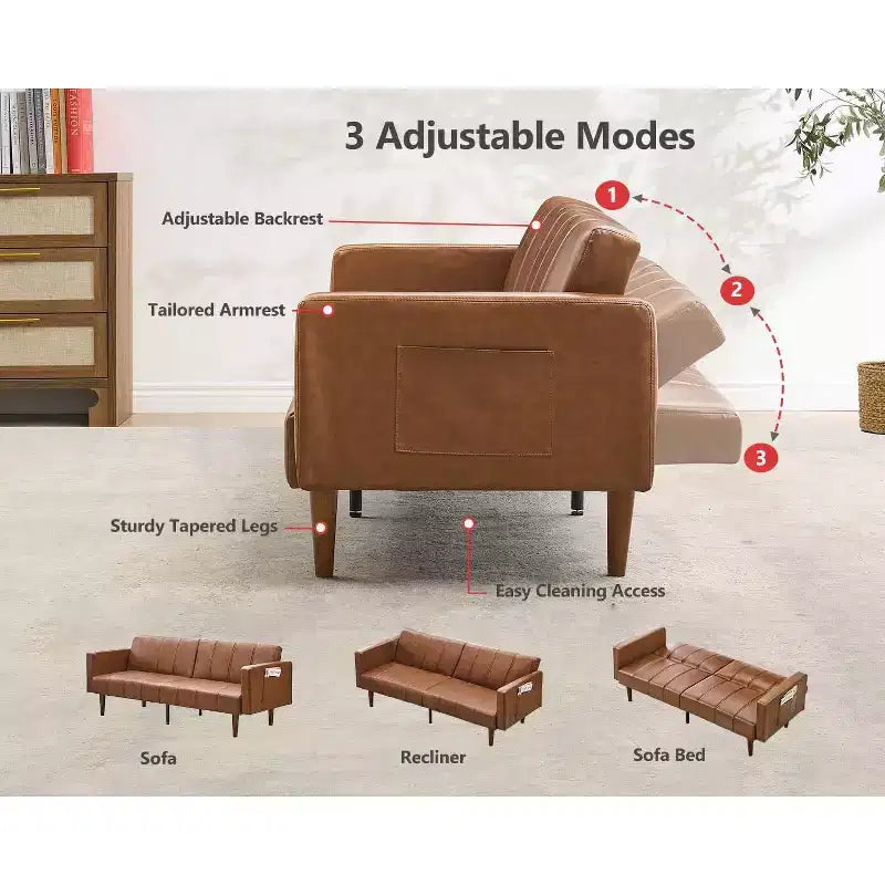 COZONY 75 Lit futon moderne du milieu du siècle, en cuir PU convertible avec dossier réglable, causeuse avec poches latérales, marron