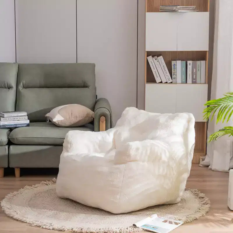010-Fauteuil poire en mousse capitonnée en tissu peluche avec tissu peluche blanc ivoire