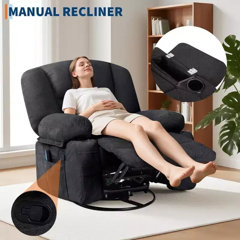 Fauteuil inclinable Acekool Rocker avec massage et chauffage, pivotant à 360°, extra large, en chenille ou PU, pour salon et chambre