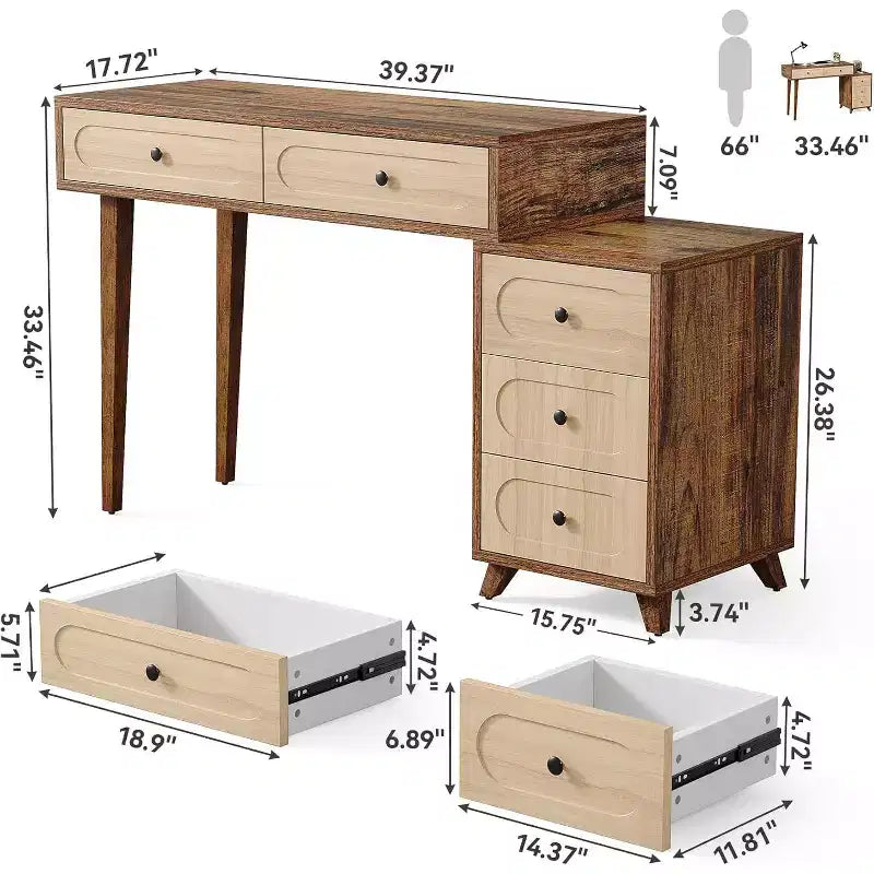 Bureau Lantine de 39 pouces avec 5 tiroirs et armoire rétractable, petite table d'ordinateur et coiffeuse extensible pour petits espaces, marron