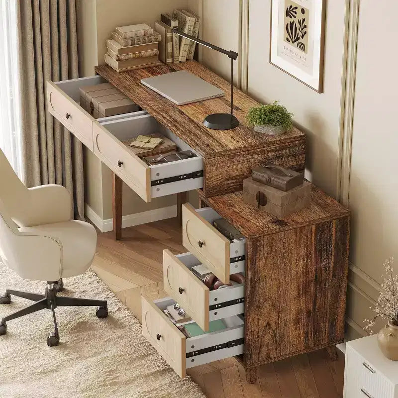 Bureau Lantine de 39 pouces avec 5 tiroirs et armoire rétractable, petite table d'ordinateur et coiffeuse extensible pour petits espaces, marron