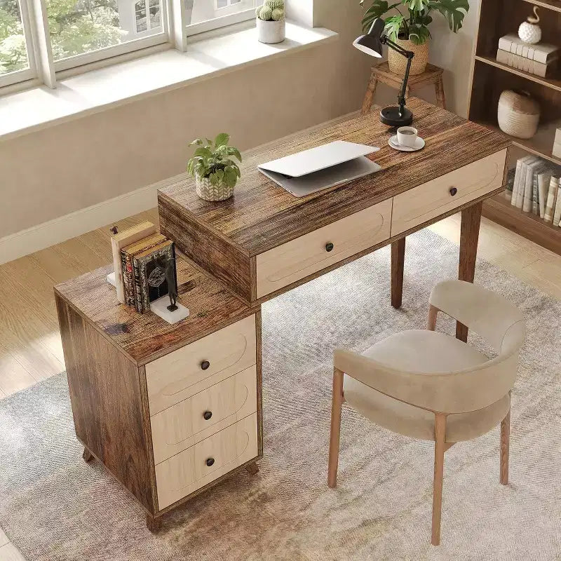 Bureau Lantine de 39 pouces avec 5 tiroirs et armoire rétractable, petite table d'ordinateur et coiffeuse extensible pour petits espaces, marron