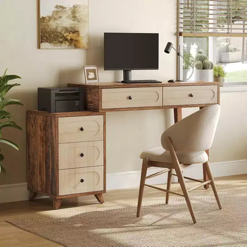 Bureau Lantine de 39 pouces avec 5 tiroirs et armoire rétractable, petite table d'ordinateur et coiffeuse extensible pour petits espaces, marron