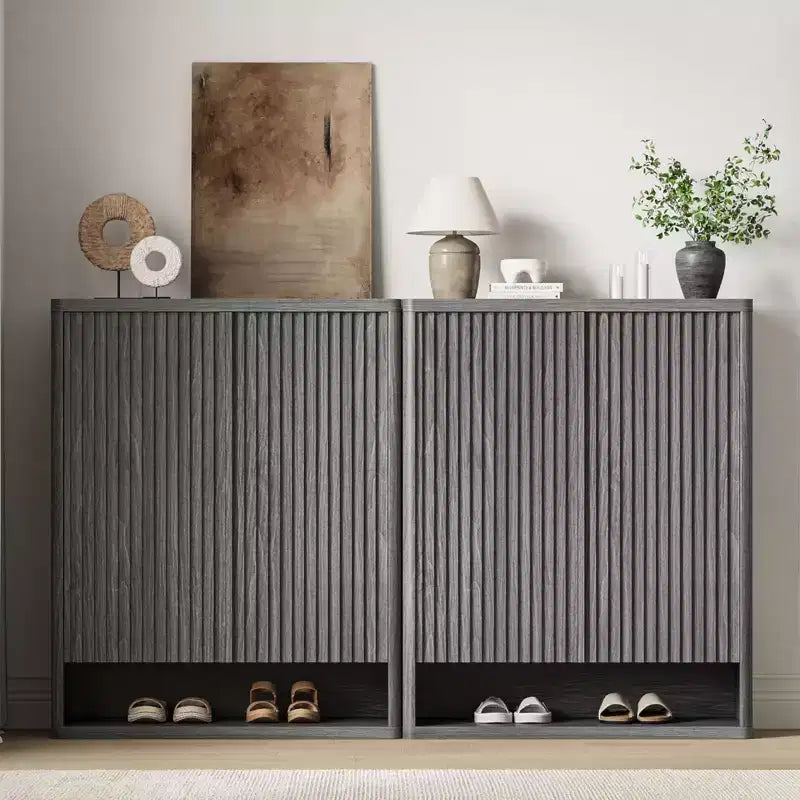 Shoe Cabinet, Entryway Cabinet  63 Tall 2-Pack Grey Wooden Cabinet Fluted Door Holds 50-60 Pairs Adjustable Shelves